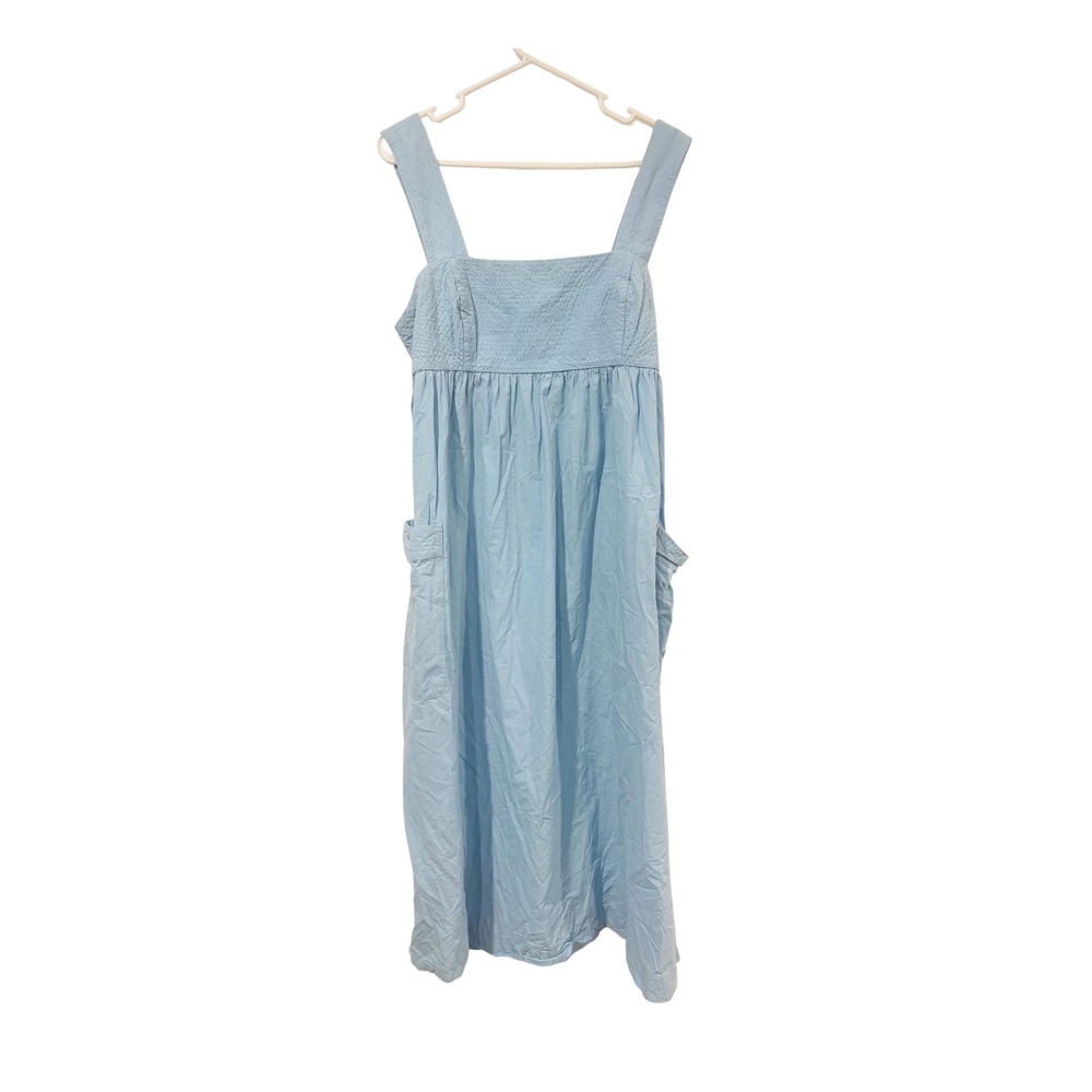 Madewell Light Blue Seersucker Cutout Back Midi Dress Womens Size 14 Pockets - Picture 7 of 8